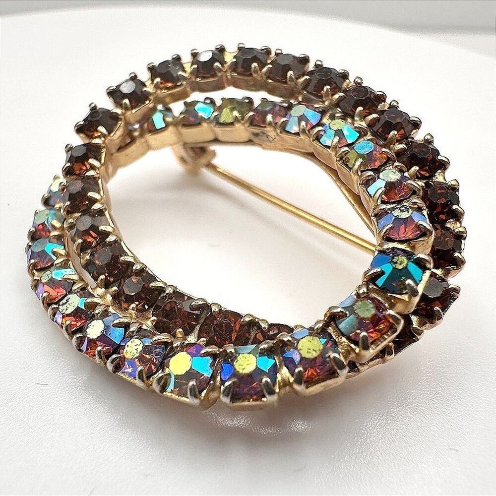VTG Double Circle Rhinestone Brooch Brown Aurora Borealis Infinity Wreath Pin